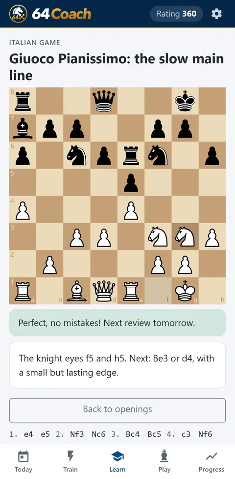 64Coach screenshot: An opening line, move by move