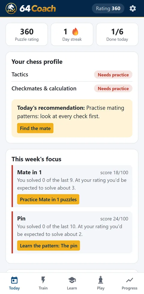 64Coach screenshot: Today's plan and weekly focus